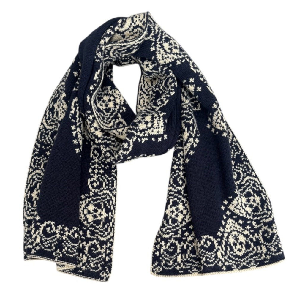 Vintage Knit Scarf Fair Isle Pattern Ornate Print Winter Design Navy Cream Beige - Picture 5 of 13